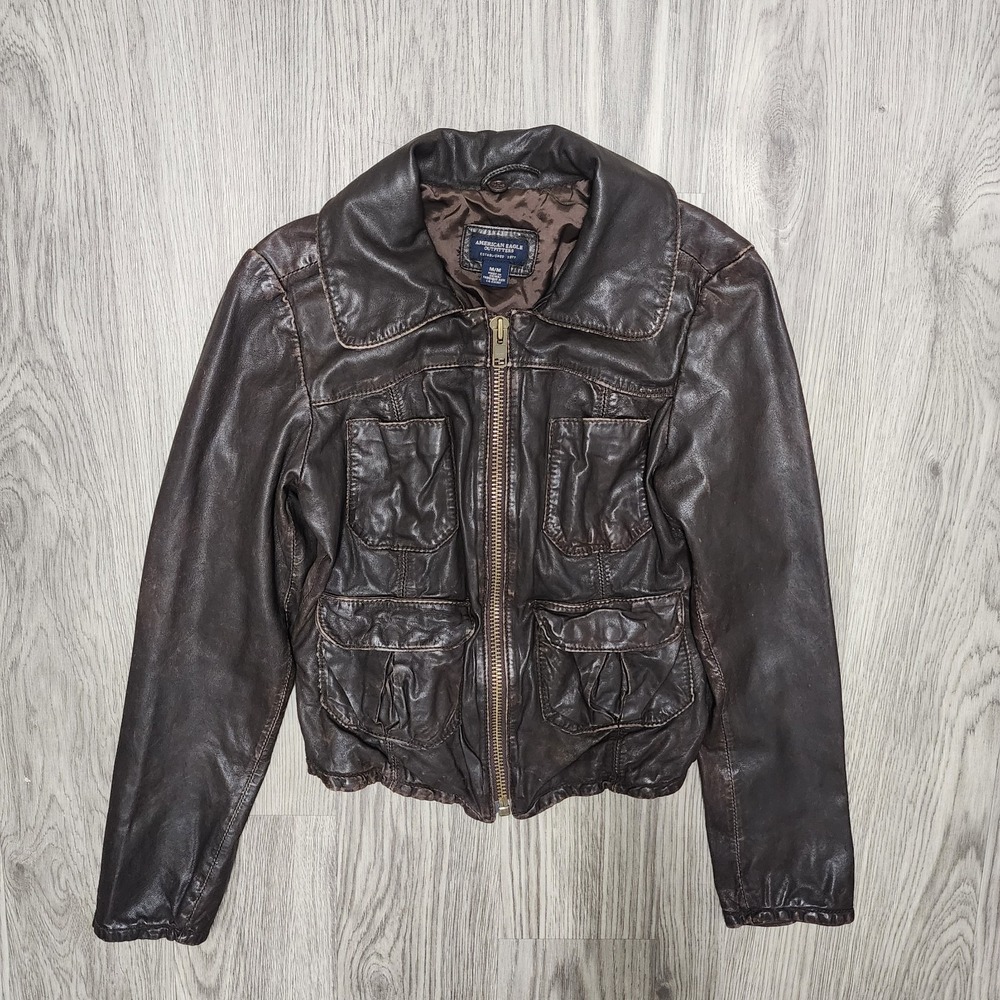 Vintage Y2k American Eagle Jacket Womens Medium Brown Leather Pockets Zip Up